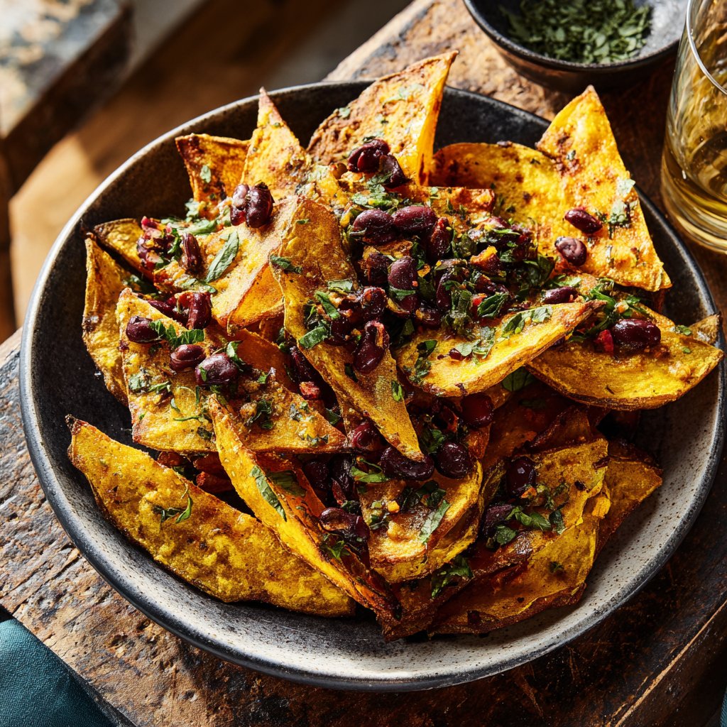 Beladene Kartoffelspalten schwarze Bohnen