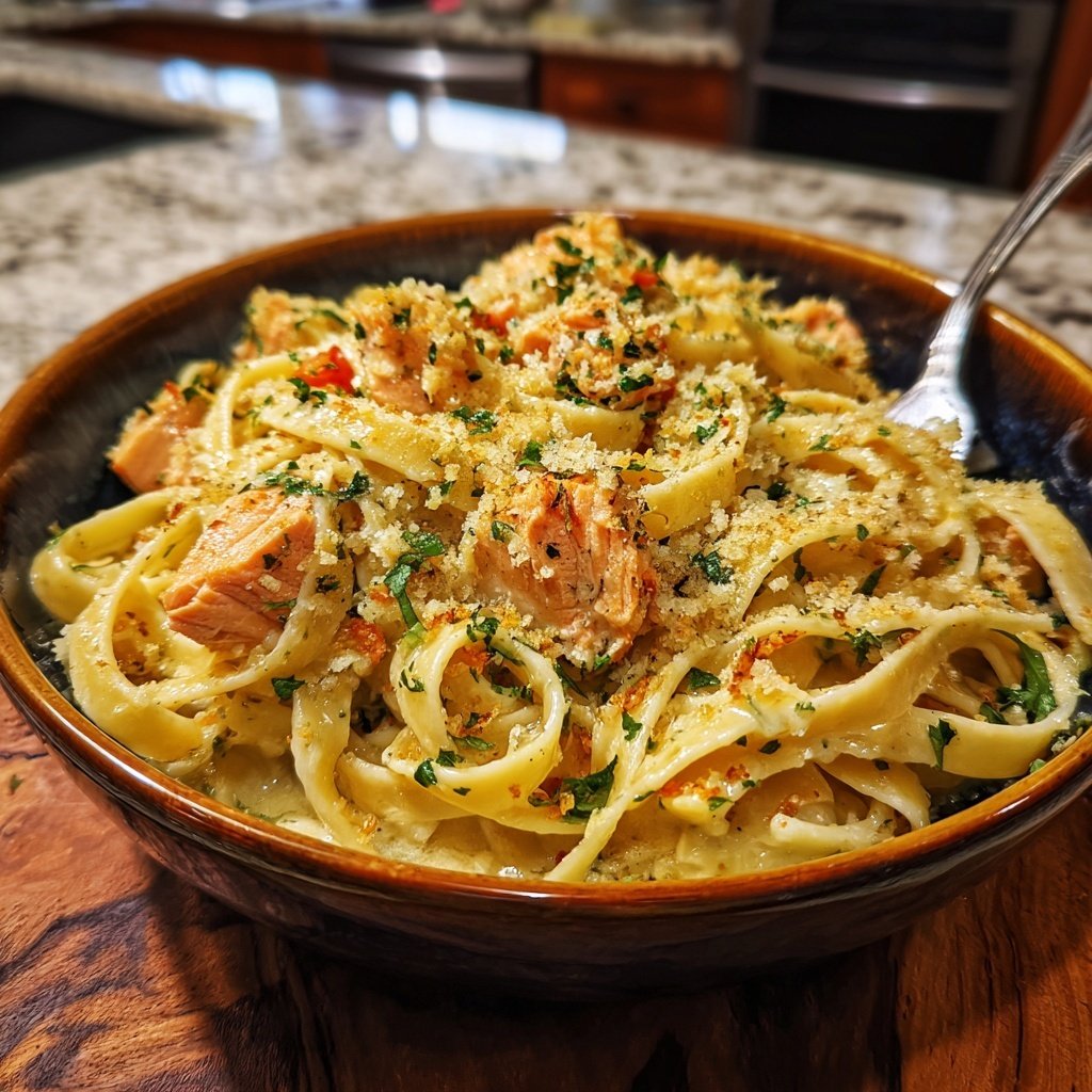 Knoblauchbutter Lachs Fettuccine