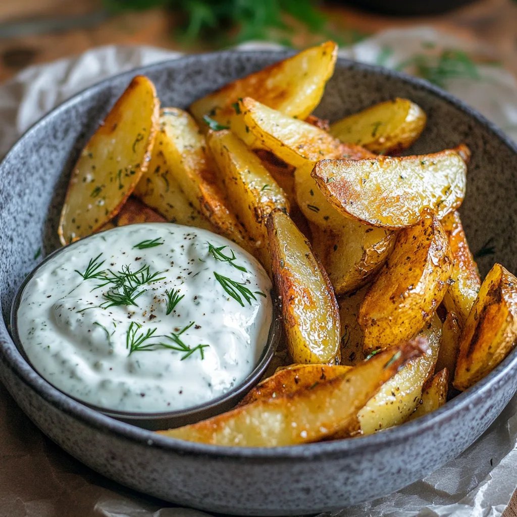 Kartoffelspalten mit Gurkendip