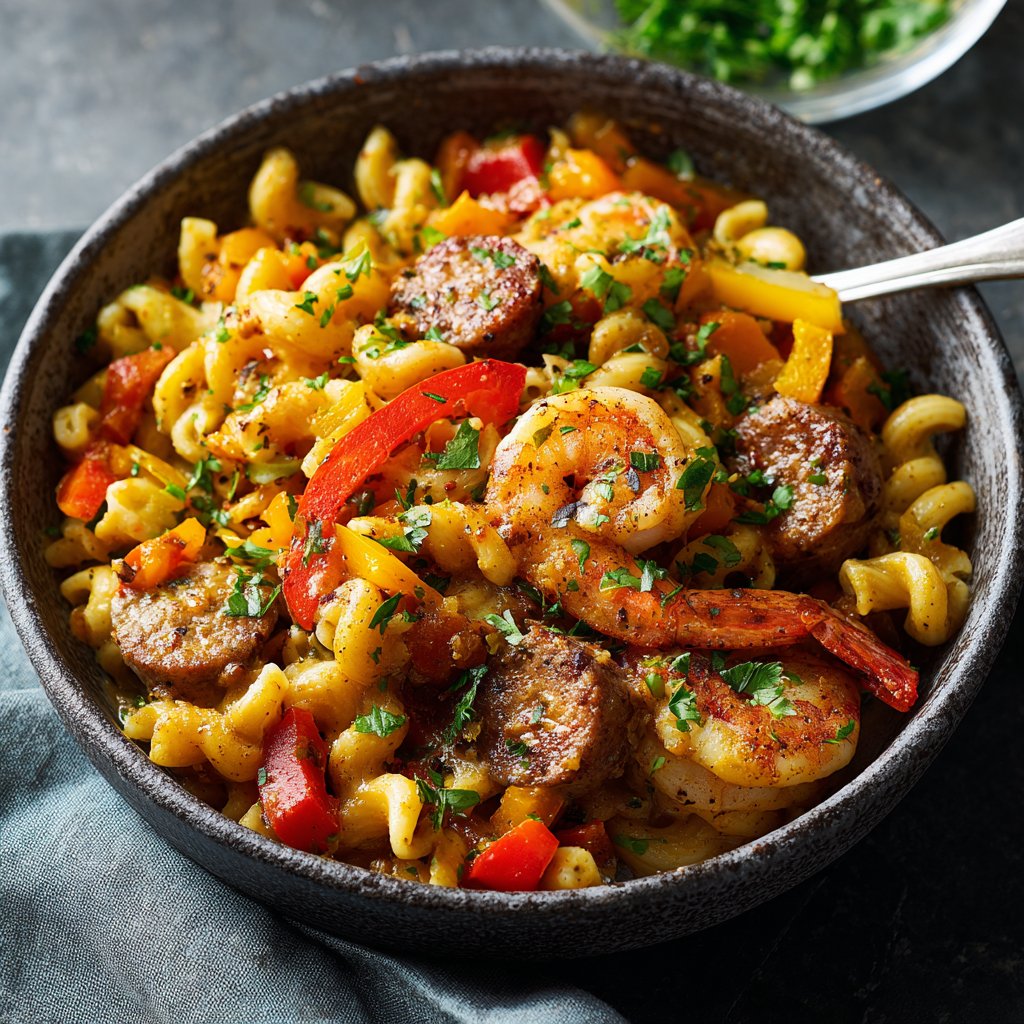 One Pot Cajun Wurst Pasta mit Cajun Garnelen