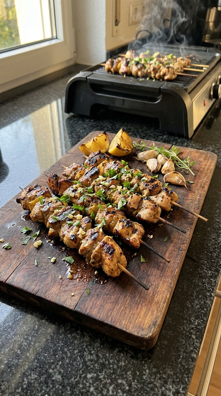 Gegrillte Zitronen Knoblauch Hähnchen Spieße​