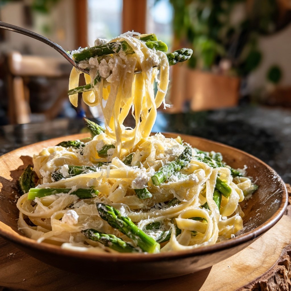 Spargel und Ziegenkäse Fettuccine